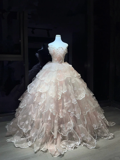 Light Pink Layered Petal Tulle Long Evening Gown Strapless 3D Floral Puffy Ball Gown Prom Dress  NV7079