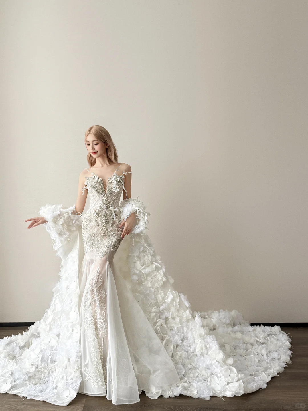 Deep V White Mermaid Wedding Dress 3D Floral Detachable Sleeve Bridal Gown  NV7126