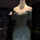 Dusty Teal Strapless Satin Mermaid Evening Dress, Draped Neck Corset Gown with Twist Waist Detail  NV7093