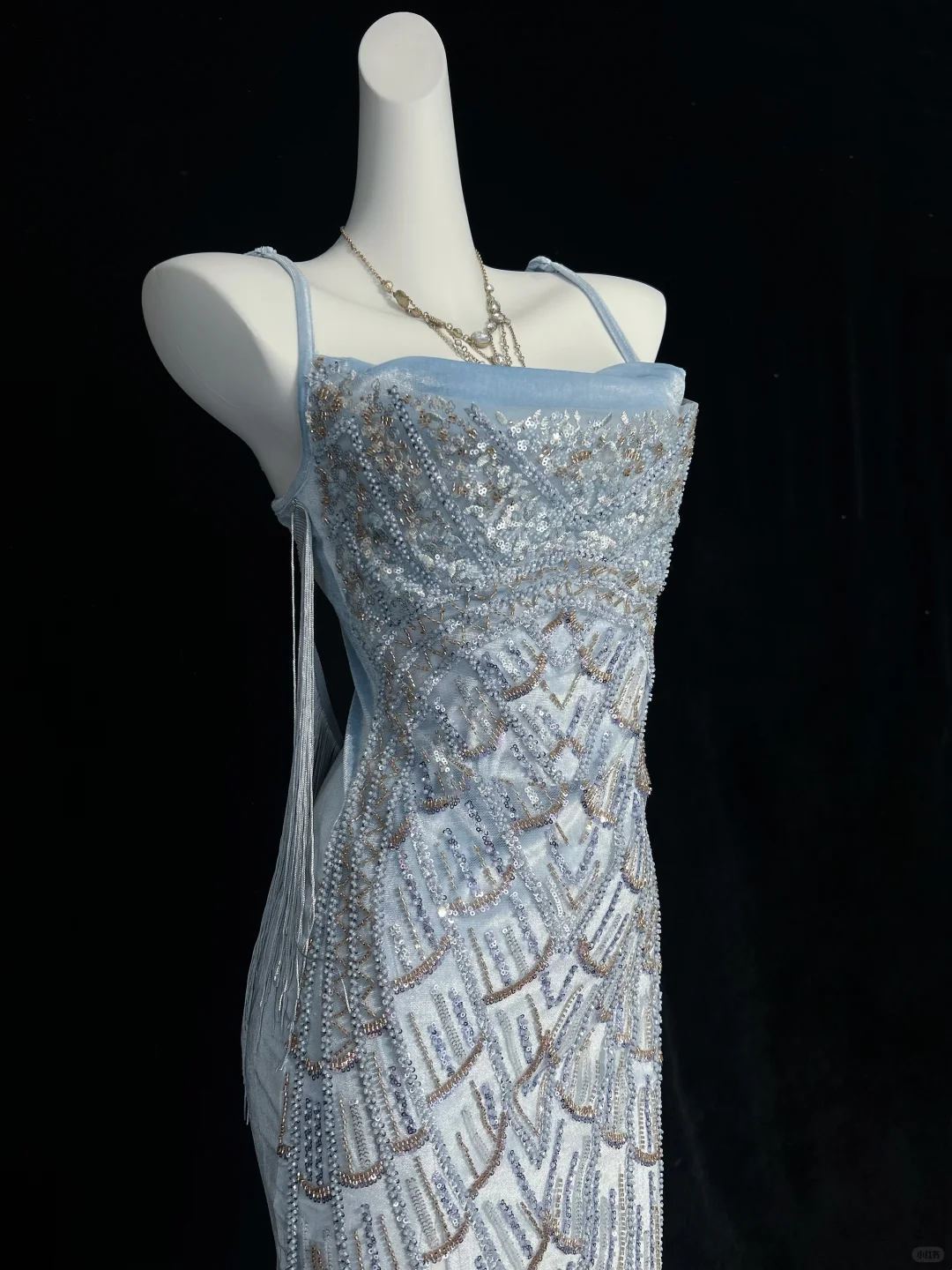 1920s Gatsby Style Ice Blue Spaghetti Straps Midi Formal Dress Heavy Hand Beading Geometric Scale Pattern With Side Ribbons  NV6889