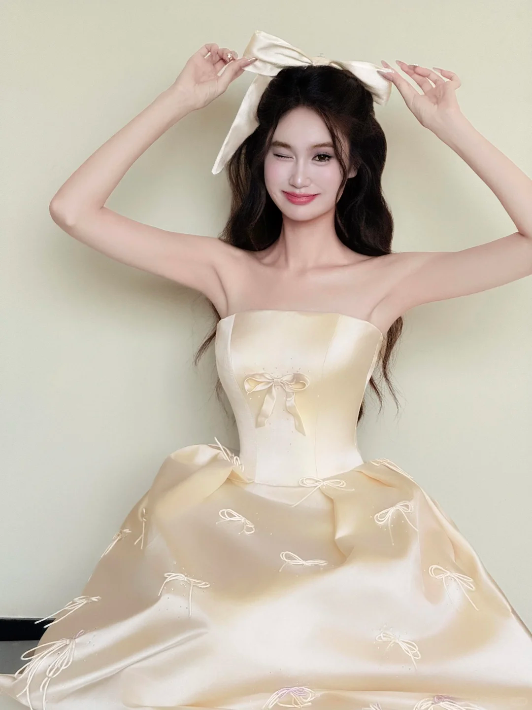Champagne Strapless Bow Satin Ball Gown Prom Dress  NV7434