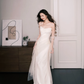 Strapless Satin Minimalist Wedding Dress, Ivory Bridal Gown with Tulle Sleeves  NV7281