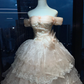 Off Shoulder Light Pink Princess Prom Dress Puff Sleeve Lace Tiered Tulle Ball Gown With Big Bow  NV6987
