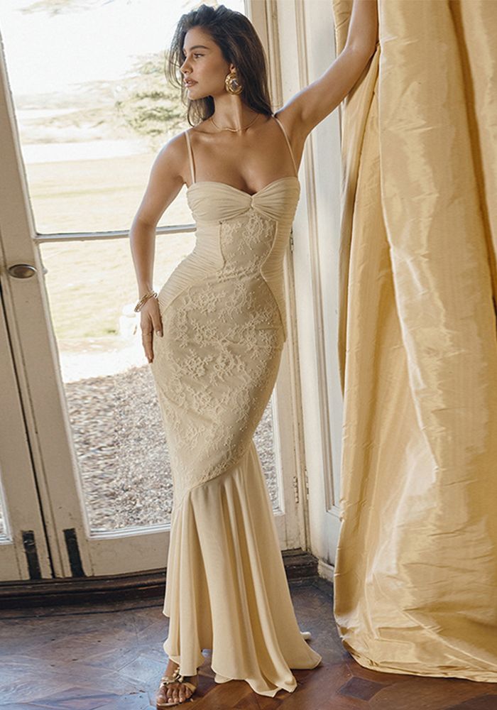 Light Yellow Lace Tulle Elegant Mermaid Sleeveless Off-shoulder Dress Ball Gown Evening Dress nv1892