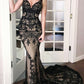 Robe de mariée sexy style gothique à fines bretelles en dentelle | Robe longue sirène en tulle noir et nude pour soirée de gala, tapis rouge ou événement rétro NV6264