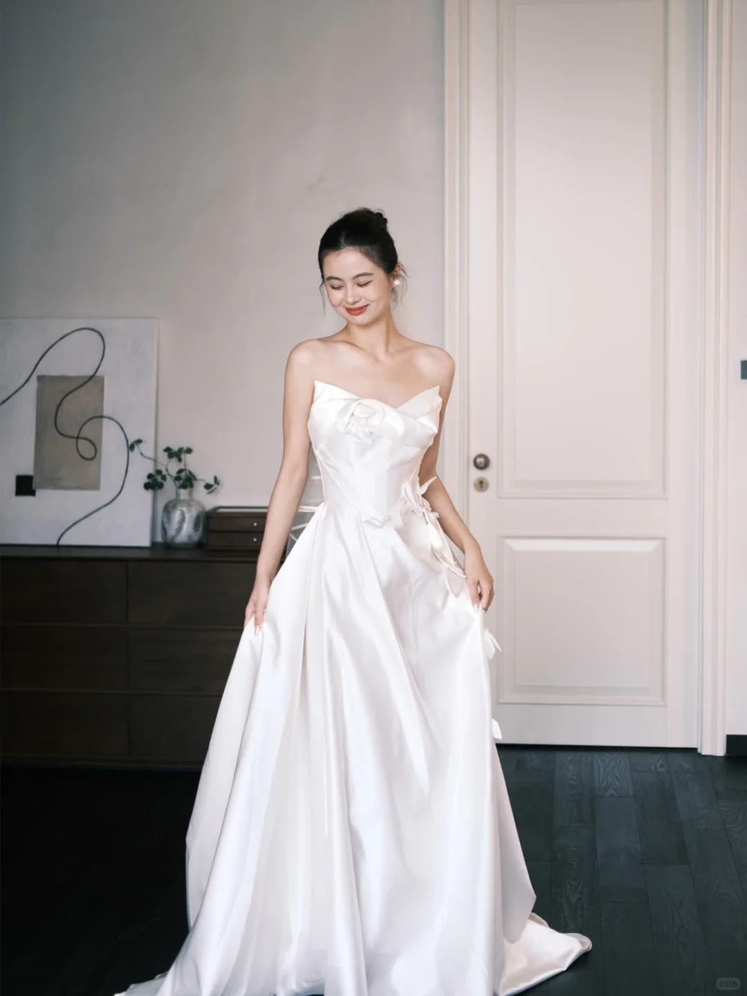 Asymmetric Strapless Satin Wedding Gown, 3D Flower A Line Bridal Dress  NV7353