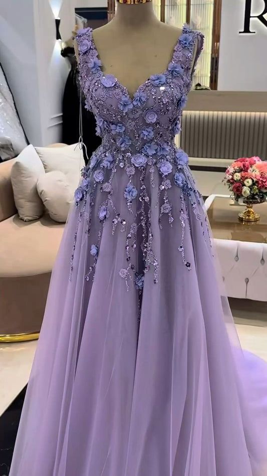 Robe de bal longue de style féerique, couleur violette, décolleté plongeant | Robe de bal en tulle violet dégradé ornée de fleurs 3D et de perles, idéale pour un gala, des fiançailles ou un événement social haut de gamme NV6288