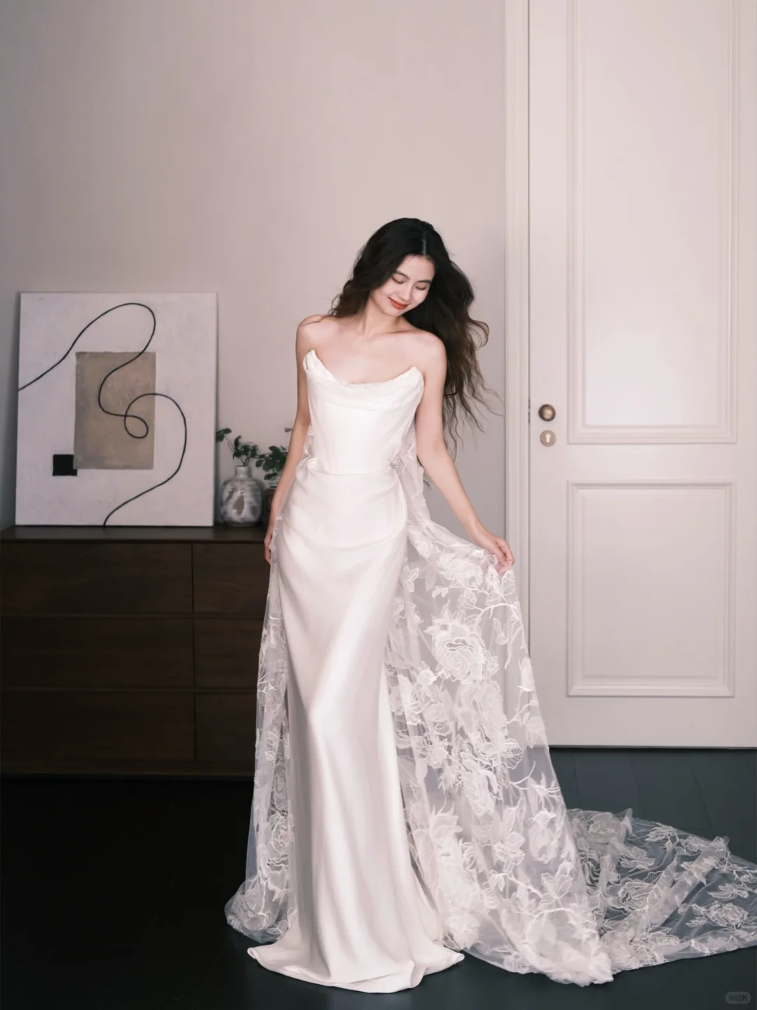 Strapless Cowl Satin Mermaid Bridal Gown with Lace Train  NV7338