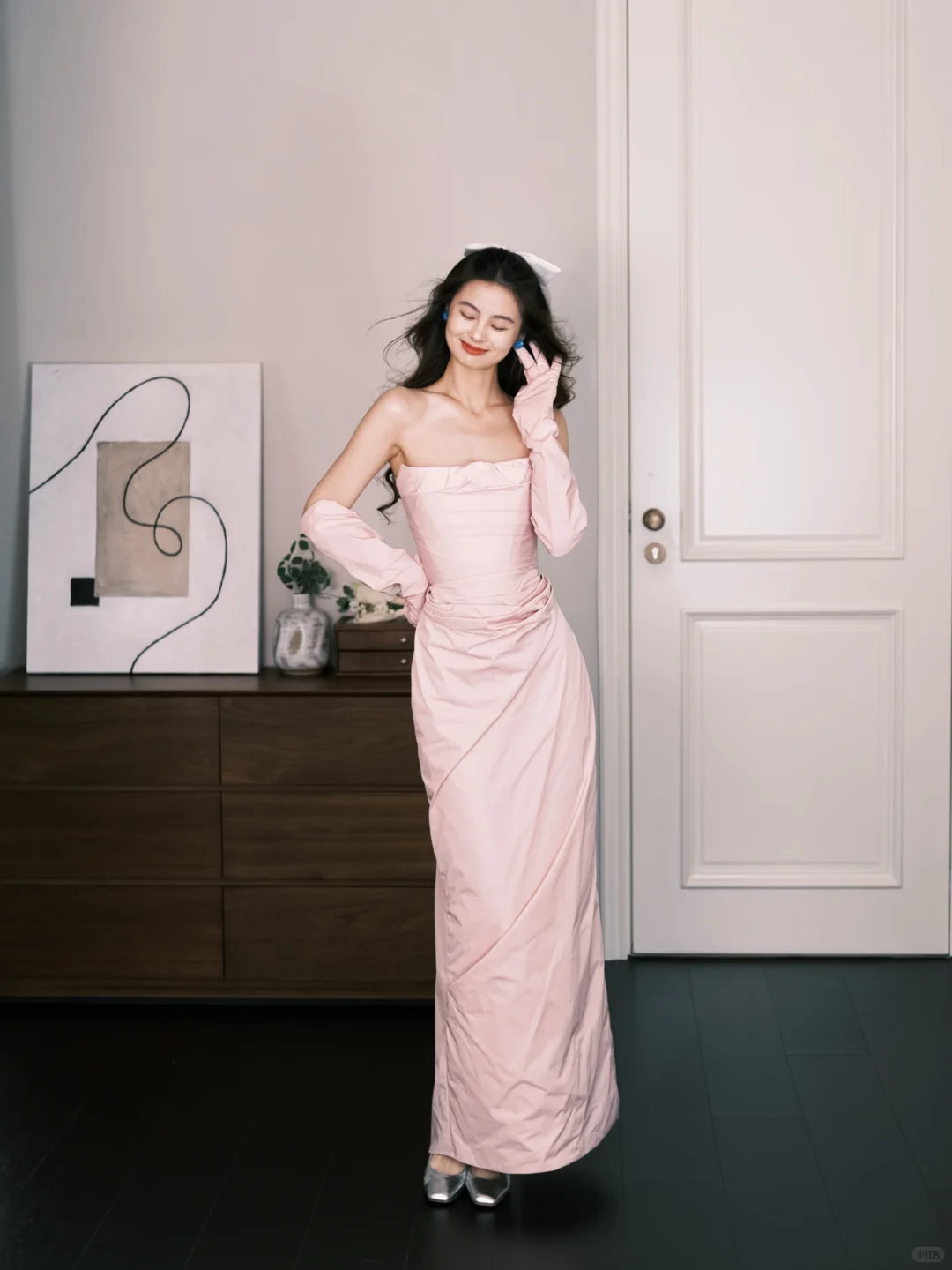 Blush Pink Strapless Ruched Evening Gown with Gloves  NV7298