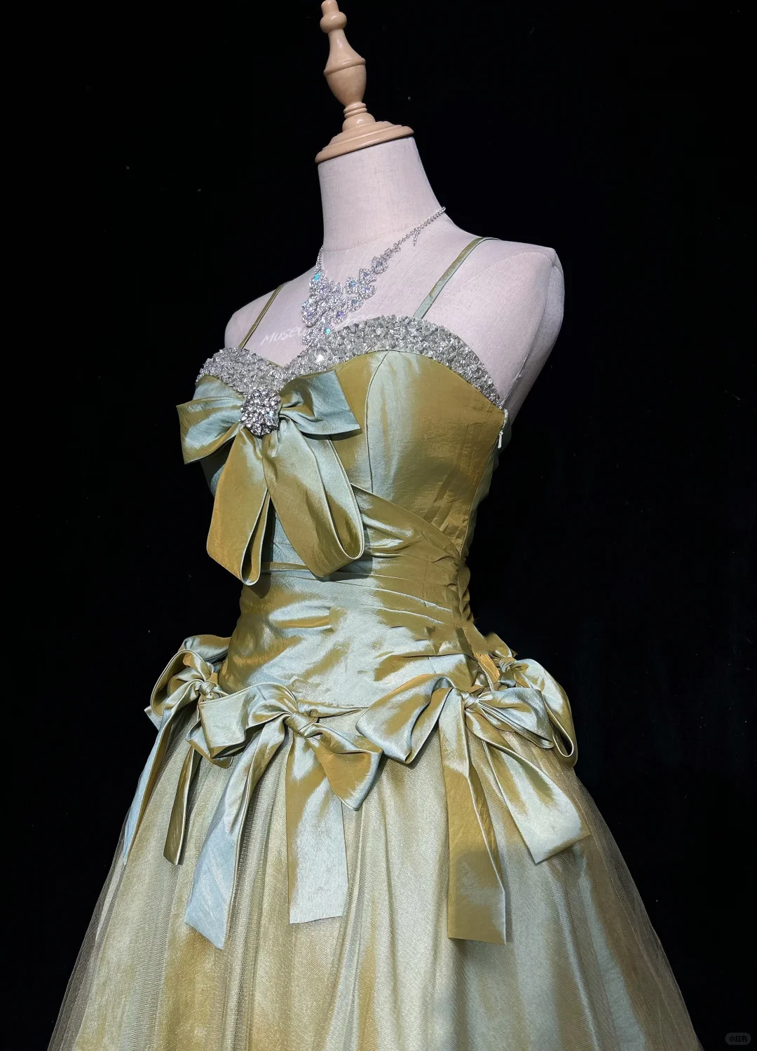 Sage Green Spaghetti Straps Short Prom Dress Rhinestone Trim Satin Bows Voluminous Tulle Mini Formal Gown  NV6894