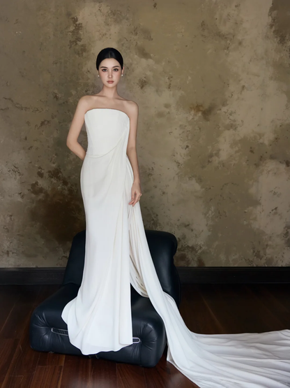 Ivory Strapless Chiffon Mermaid Wedding Gown with Draped Train  NV7197