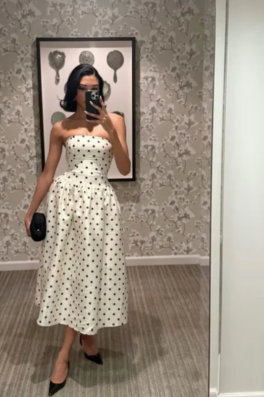 White polka dot fashionable mid-length chiffon homecoming dress birthday party dress nv5283