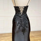 Black Appliques V-Neck Lace-Up Prom Gown with Slit Evening Dresses nv1560