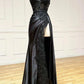 Black Appliques V-Neck Lace-Up Prom Gown with Slit Evening Dresses nv1560