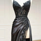 Black Appliques V-Neck Lace-Up Prom Gown with Slit Evening Dresses nv1560