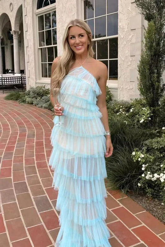 Green Fashion Halter Backless Chiffon Long Ruffled Slit Ball Gown Evening Gown Party Dress nv3545