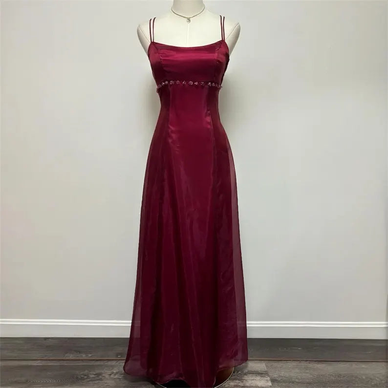 Dark red burgundy retro fashion simple fashion shiny exquisite beaded lace-up back long satin elegant princess ball gown, evening dress, party dress nv3709