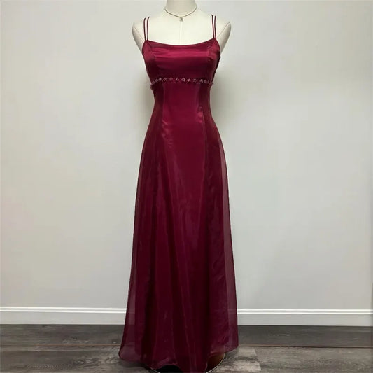 Dark red burgundy retro fashion simple fashion shiny exquisite beaded lace-up back long satin elegant princess ball gown, evening dress, party dress nv3709