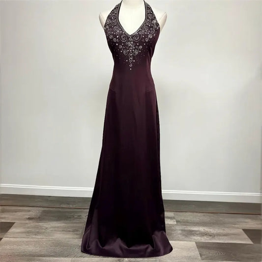 Dark purple retro fashion exquisite beaded long satin floor-length ball gown, evening dress, party dress nv3703
