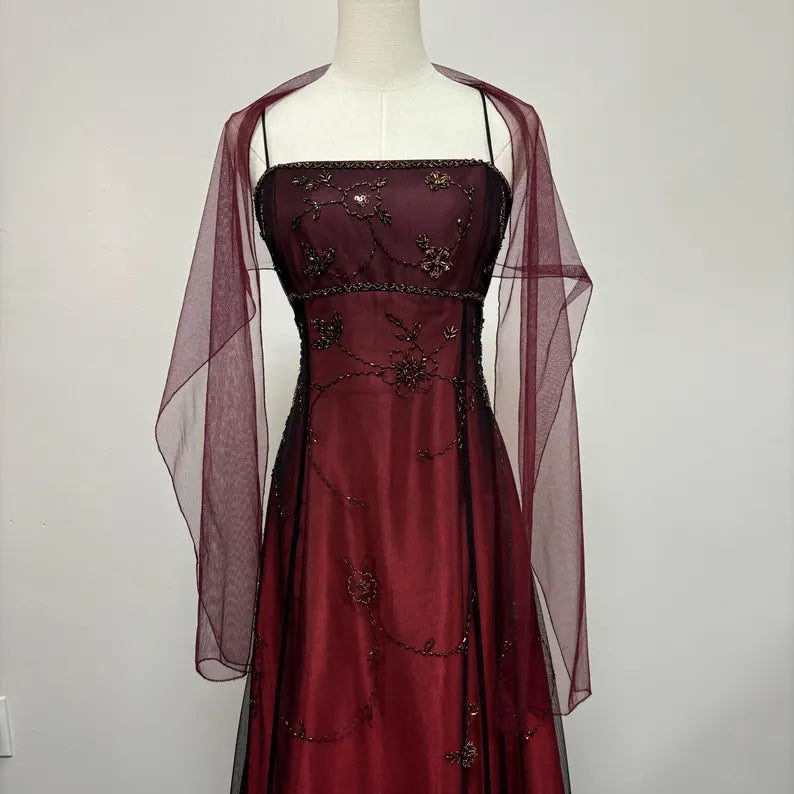 Burgundy retro fashion gradient exquisite beaded long tulle ball gown, evening dress, party dress nv3702