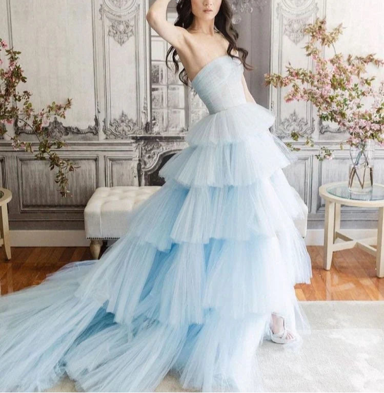 Blue tulle long ball gown evening gown graduation gown evening dress nv1862