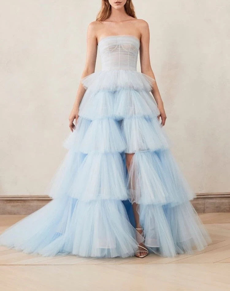 Blue tulle long ball gown evening gown graduation gown evening dress nv1862