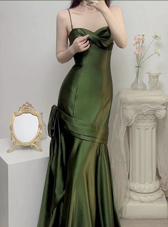 Green Satin Sweetheart Straps Long Evening Dress Wedding Party Dress nv1555