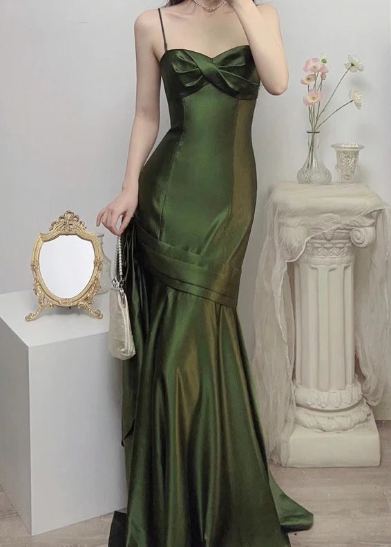 Green Satin Sweetheart Straps Long Evening Dress Wedding Party Dress nv1555