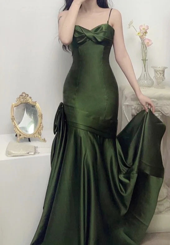 Green Satin Sweetheart Straps Long Evening Dress Wedding Party Dress nv1555