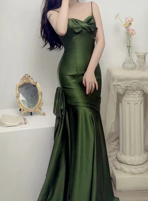 Green Satin Sweetheart Straps Long Evening Dress Wedding Party Dress nv1555