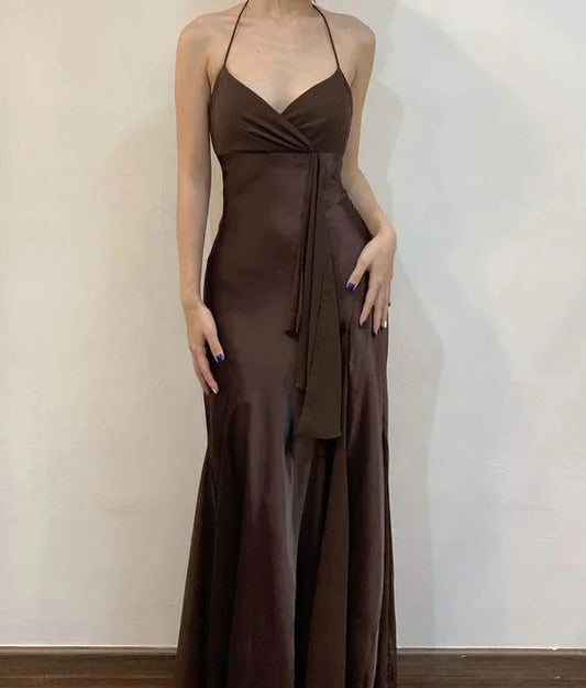 Brown Vintage Elegant A-line Spaghetti Strap Ruffles Long Satin Formal Party Dress Ball Gown Evening Dress Prom Dress nv3972
