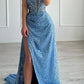 Light Blue Heart Neck Mermaid Glitter Prom Dresses Elegant Floor-Length Side Split Formal Evening  nv1646