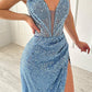Light Blue Heart Neck Mermaid Glitter Prom Dresses Elegant Floor-Length Side Split Formal Evening  nv1646