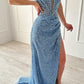 Light Blue Heart Neck Mermaid Glitter Prom Dresses Elegant Floor-Length Side Split Formal Evening  nv1646