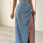 Light Blue Heart Neck Mermaid Glitter Prom Dresses Elegant Floor-Length Side Split Formal Evening  nv1646
