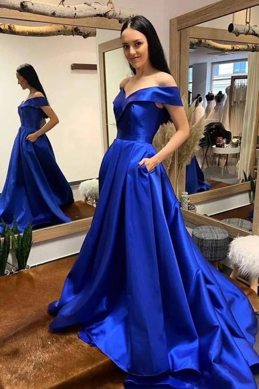 Simple V-Neck Satin Long Prom Dress, A-Line Off the Shoulder Evening Dress nv1443