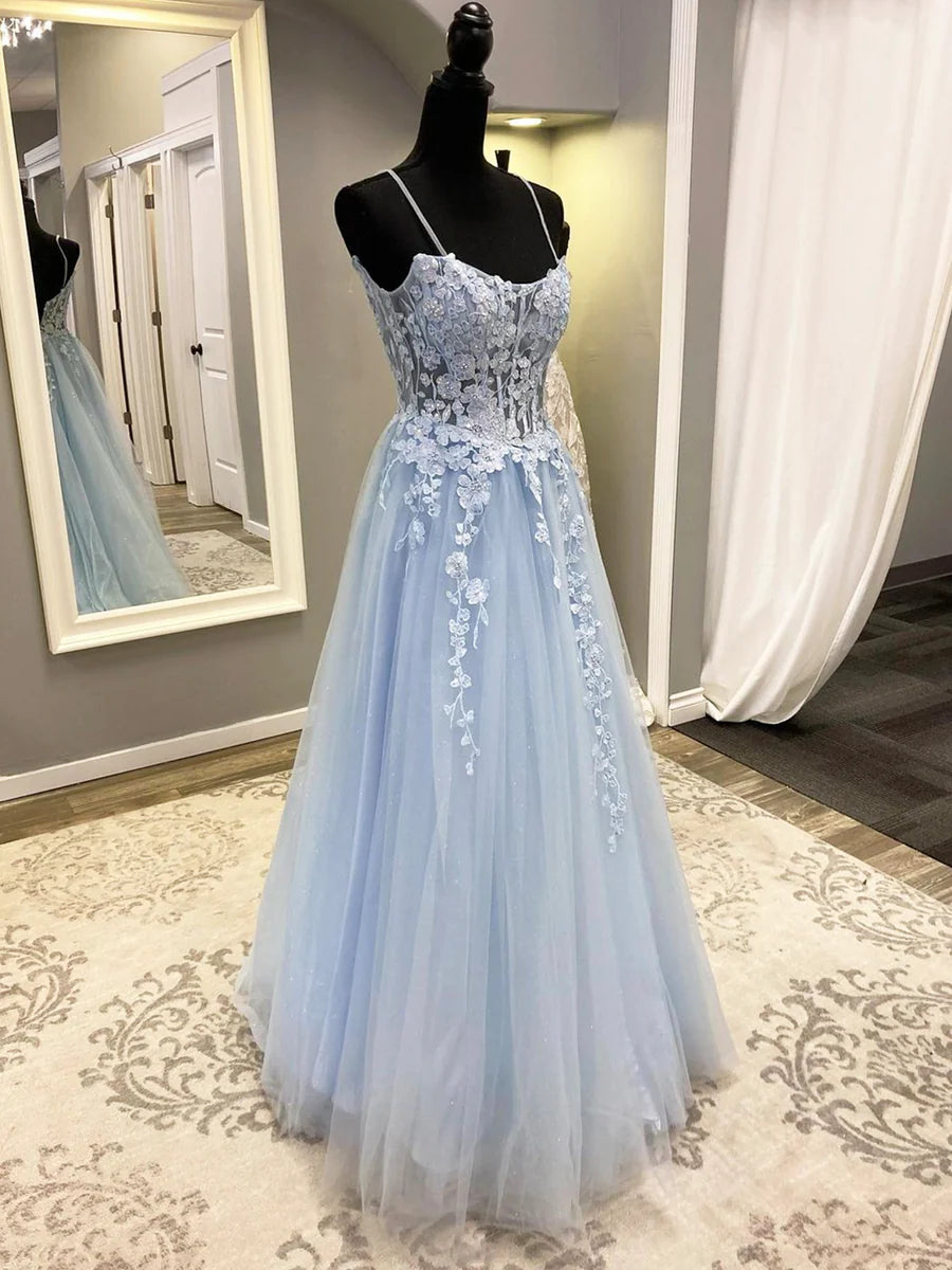 Blue Spaghetti Strap Tulle Long Prom Dress with Lace, A-Line Evening Party Dress nv1430