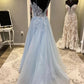 Blue Spaghetti Strap Tulle Long Prom Dress with Lace, A-Line Evening Party Dress nv1430