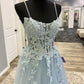Blue Spaghetti Strap Tulle Long Prom Dress with Lace, A-Line Evening Party Dress nv1430