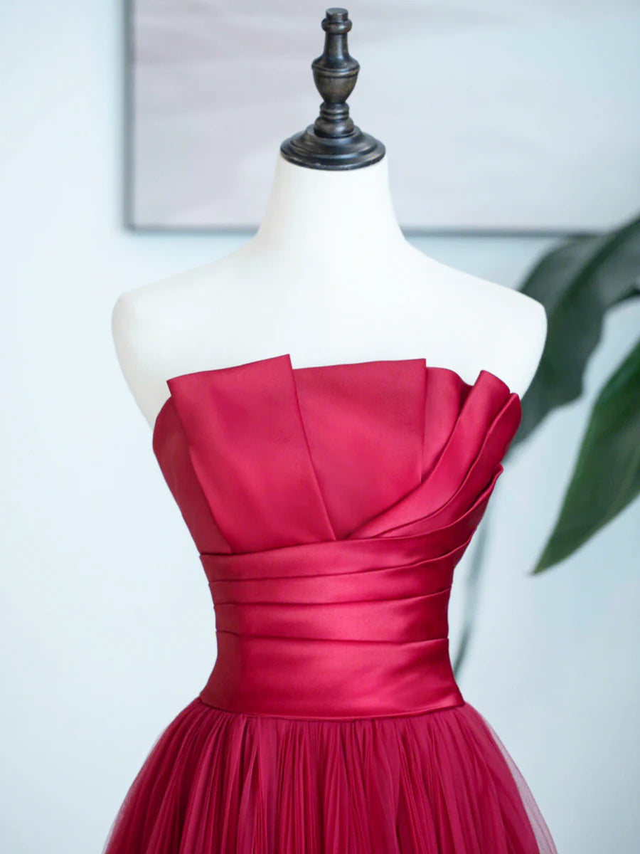 Burgundy Strapless Tulle Prom Dress, Burgundy Long Formal Dress nv1584
