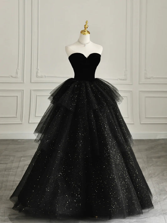 Black Strapless Tulle Formal Dress with Velvet, A-Line Sweetheart Neck Long Prom Dress nv1539
