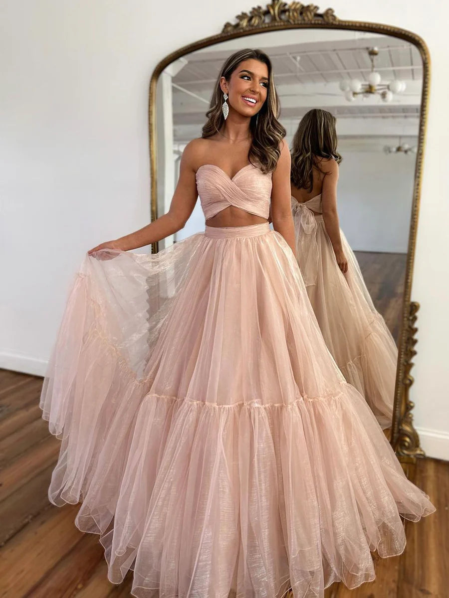 Pink Tulle Long Formal Dress, Two Pieces Evening Dress, Pink Party Dress nv1428