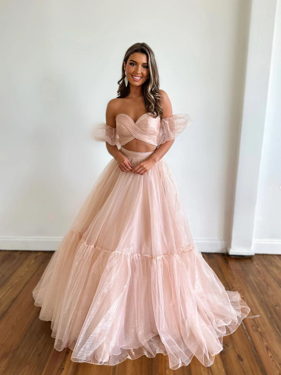 Pink Tulle Long Formal Dress, Two Pieces Evening Dress, Pink Party Dress nv1428
