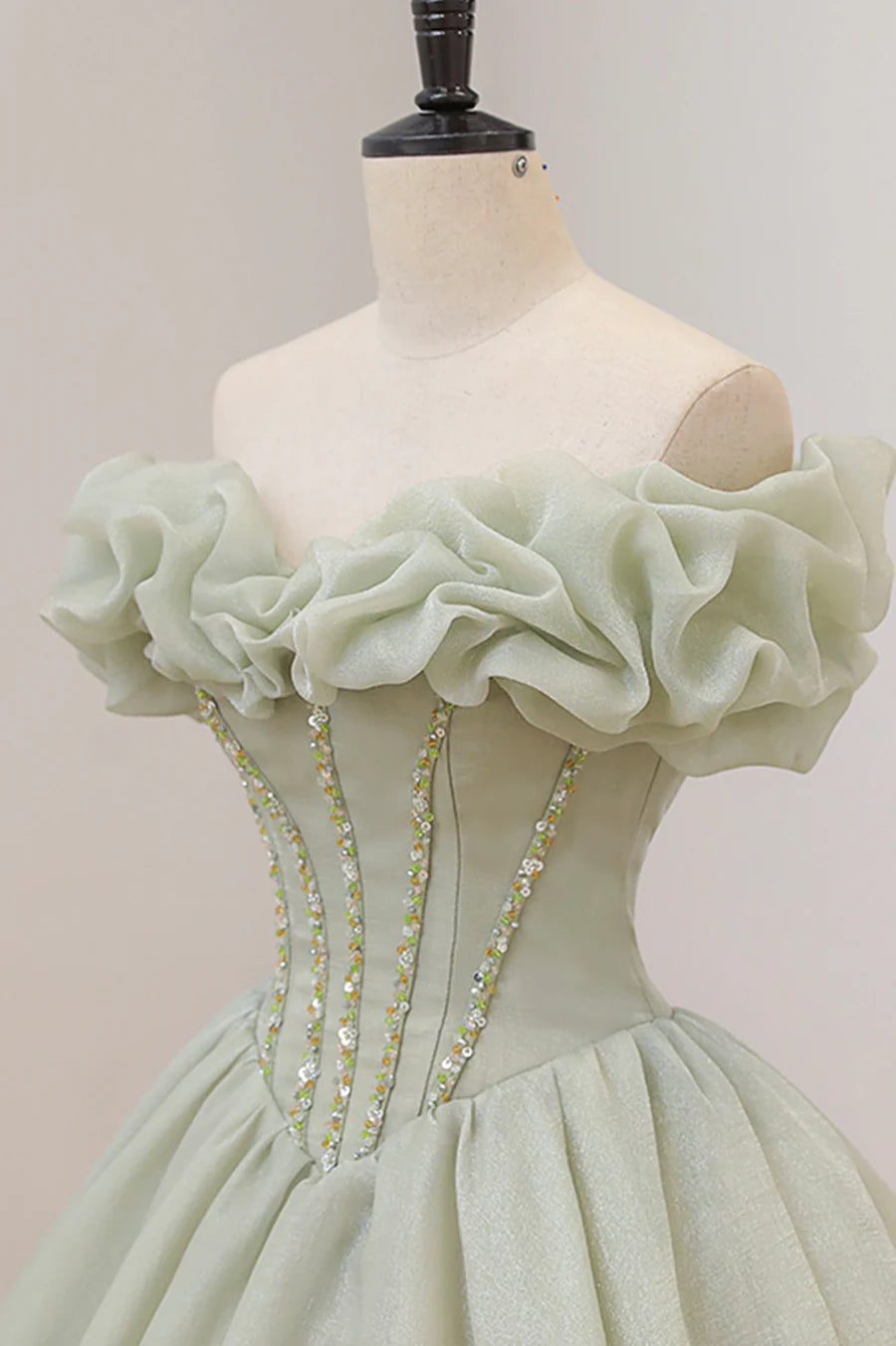 Green Ball Gown, A-Line Off the Shoulder Evening Gown with Beaded nv1589