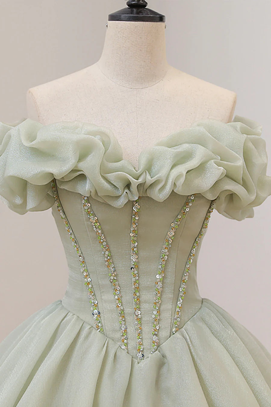 Green Ball Gown, A-Line Off the Shoulder Evening Gown with Beaded nv1589