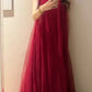 Robe de bal longue rouge en mousseline et fourrure NV6575