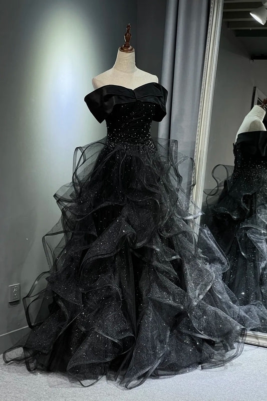 Robe de bal longue en tulle noir scintillant NV6629