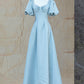 Blue Satin Pearl Long Prom Dress, A-Line Blue Evening Party Dress nv1581