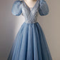 A-line V-neck Sequins Short Prom Dress, Blue Short Sleeve Evening Dress nv1640