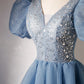 A-line V-neck Sequins Short Prom Dress, Blue Short Sleeve Evening Dress nv1640